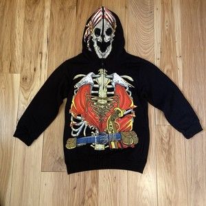Boys Pirate Skull Hoodie  Size Small Zip Front Long Sleeve Zip Up Top